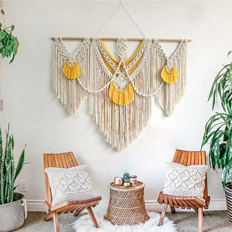 Hand-woven creamy-white cotton Nordic tapestry with yellow accents, 120cm by 95cm rectangular wall hanging.