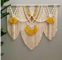 Hand-woven creamy-white cotton Nordic tapestry with yellow accents, 120cm by 95cm rectangular wall hanging.