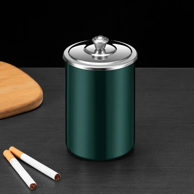 Compact stainless steel fly ash ashtray with cover, funnel, and multiple colour options