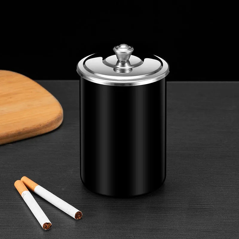 Compact stainless steel fly ash ashtray with cover, funnel, and multiple colour options