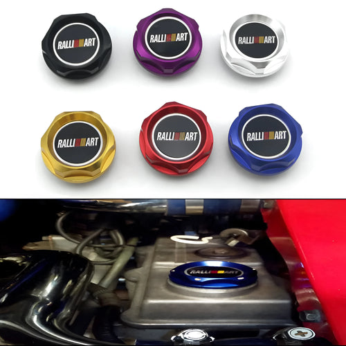 Aluminium alloy oil filter cap for Mitsubishi cars in red, blue, gold, silver, black, and purple colours.
