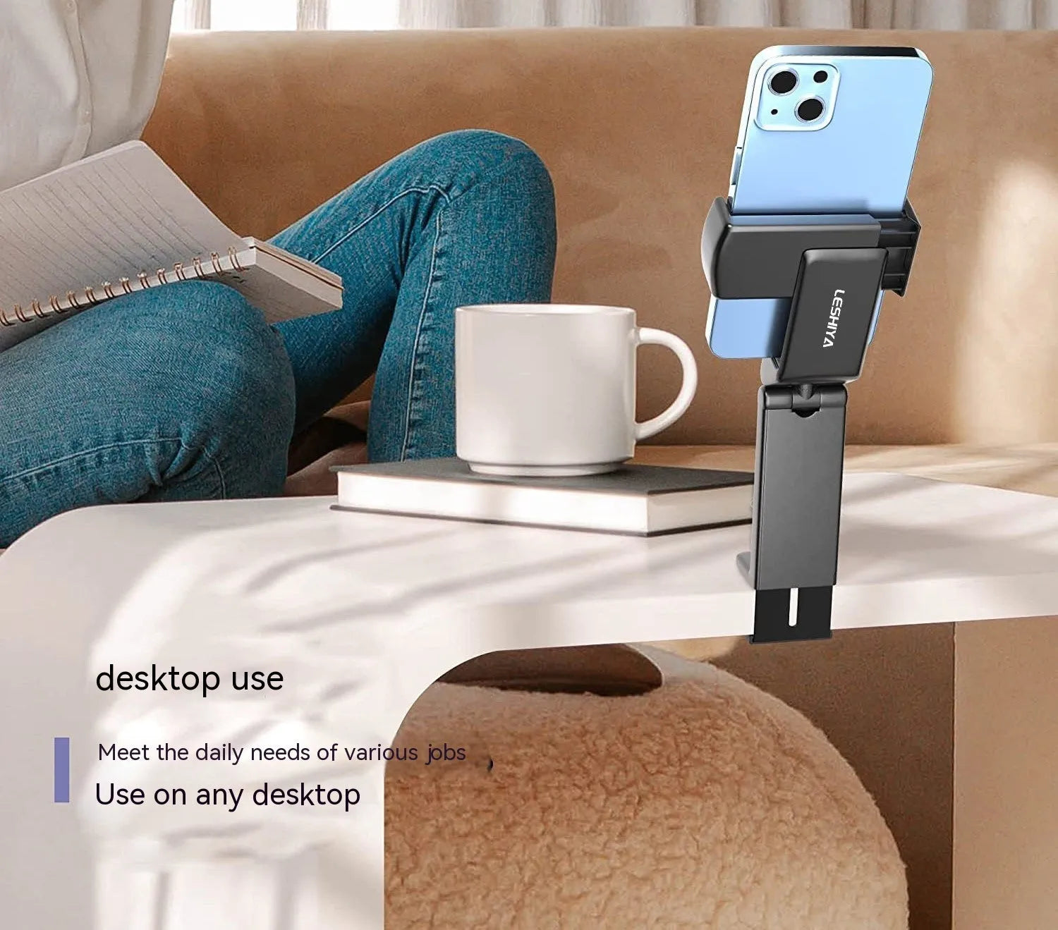Foldable rotating universal phone holder in black, grey, or green colours showing adjustable viewing angles