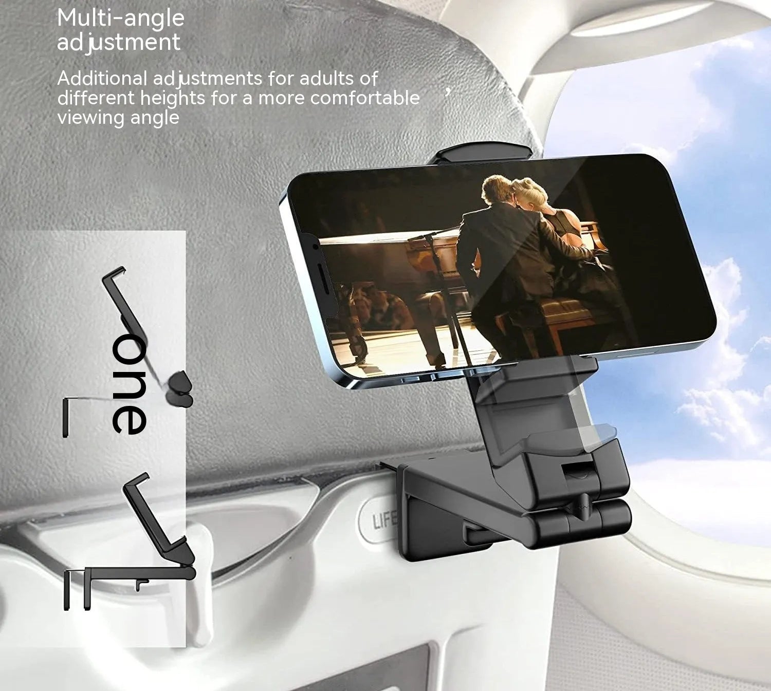Foldable rotating universal phone holder in black, grey, or green colours showing adjustable viewing angles