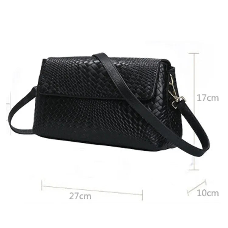 Genuine leather women's woven crossbody bag in black with embossed finish and soft handle