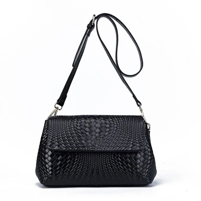Genuine leather women's woven crossbody bag in black with embossed finish and soft handle