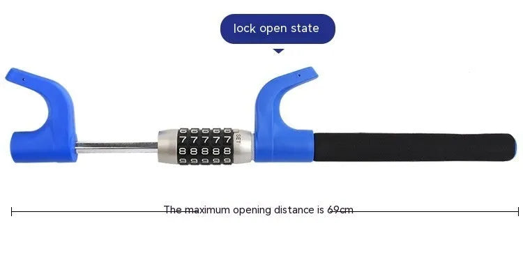 Password-protected alloy steel steering wheel U-lock for vehicle anti-theft security in black, blue, or red