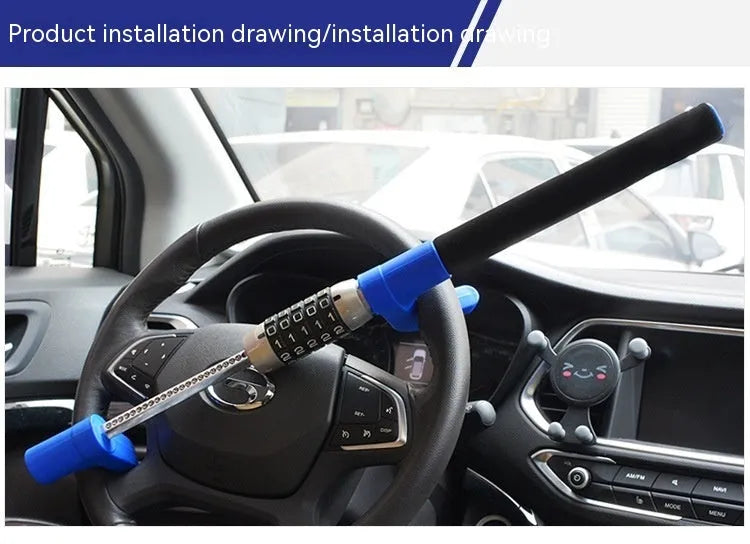 Password-protected alloy steel steering wheel U-lock for vehicle anti-theft security in black, blue, or red