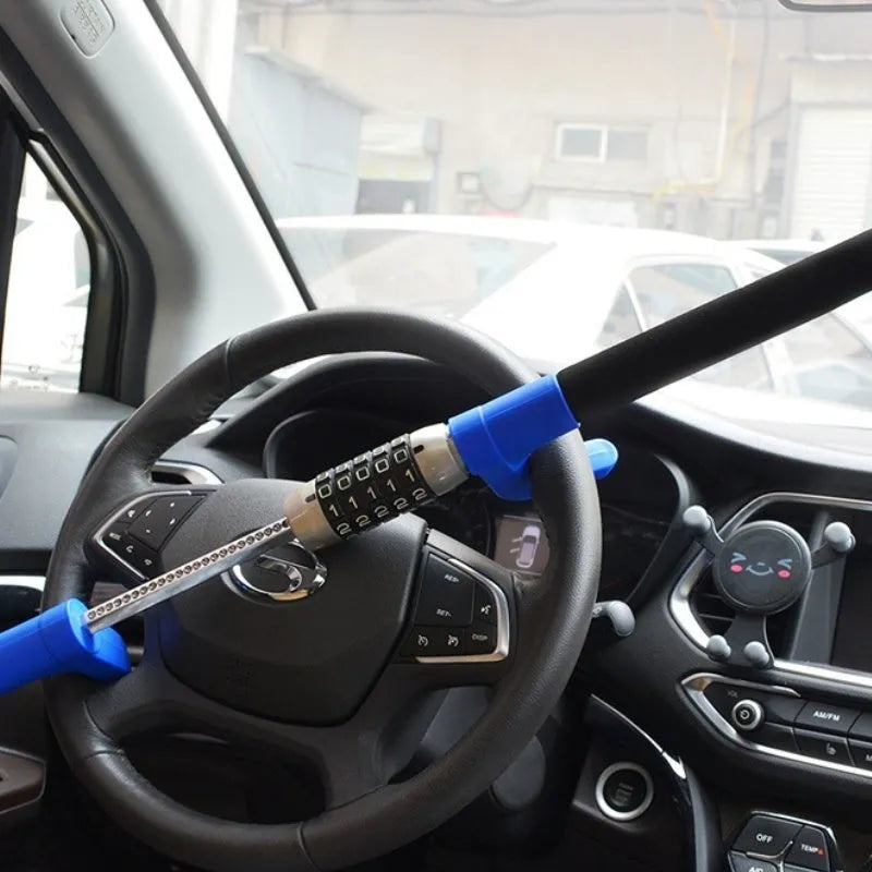Password-protected alloy steel steering wheel U-lock for vehicle anti-theft security in black, blue, or red