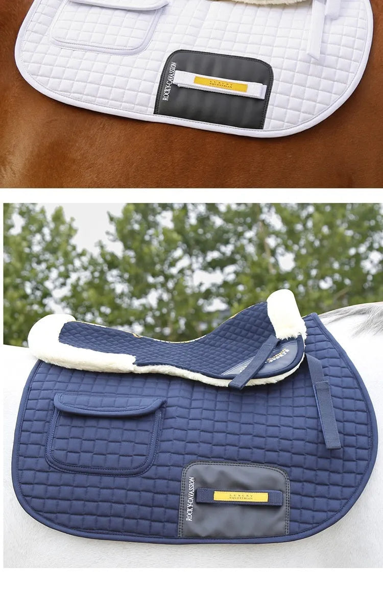 Riding saddle pad with wool construction for shock absorption and waist protection in equestrian sports