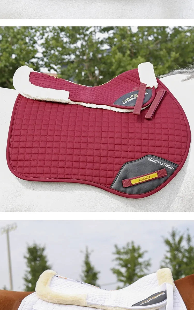 Riding saddle pad with wool construction for shock absorption and waist protection in equestrian sports