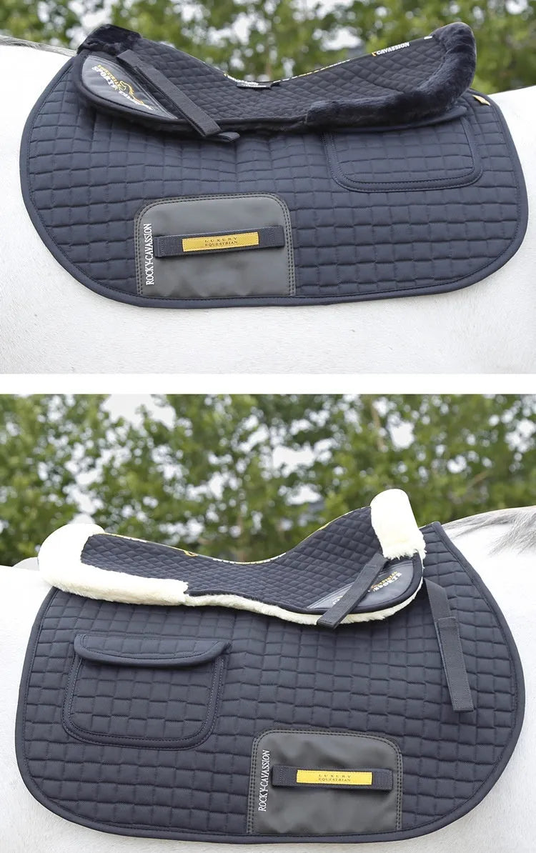 Riding saddle pad with wool construction for shock absorption and waist protection in equestrian sports