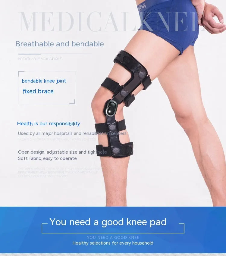 Black anterior ligament knee pad with iron stabilisers showing multi-layer construction