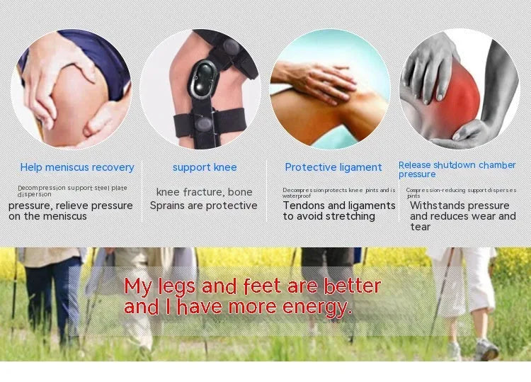 Black anterior ligament knee pad with iron stabilisers showing multi-layer construction