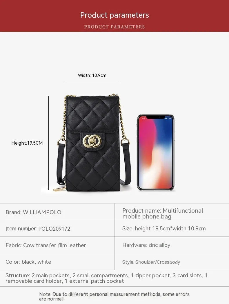 Women's genuine leather mini messenger bag in black with rhombus pattern and single shoulder strap
