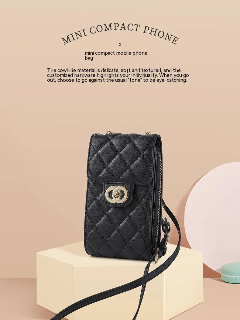 Women's genuine leather mini messenger bag in black with rhombus pattern and single shoulder strap