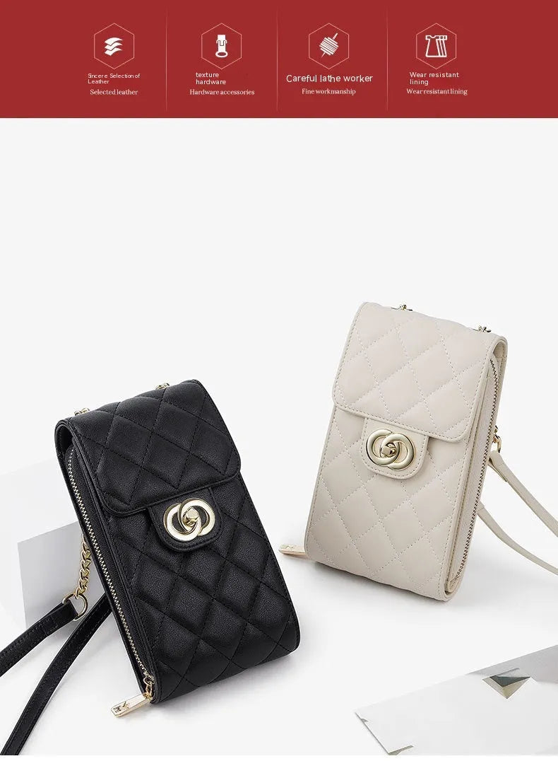 Women's genuine leather mini messenger bag in black with rhombus pattern and single shoulder strap