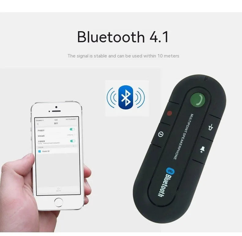 Car Bluetooth handsfree unit mounted on sun visor with charger and cable