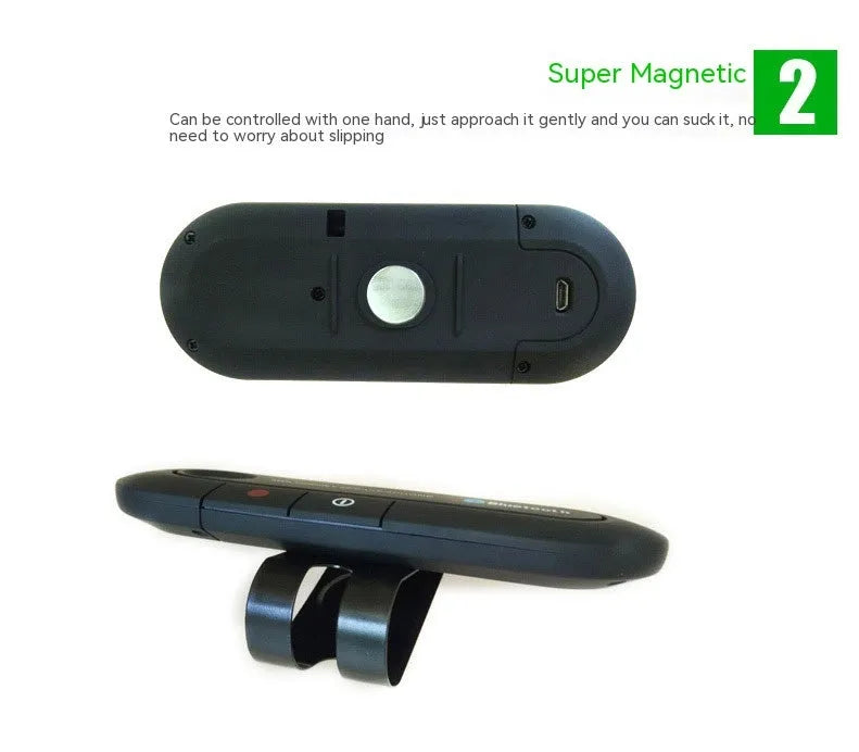 Car Bluetooth handsfree unit mounted on sun visor with charger and cable