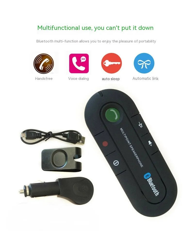 Car Bluetooth handsfree unit mounted on sun visor with charger and cable