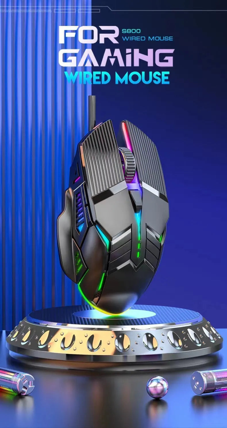 Wired mouse 6D colourful luminous mute version in black, white, and pink with USB cable