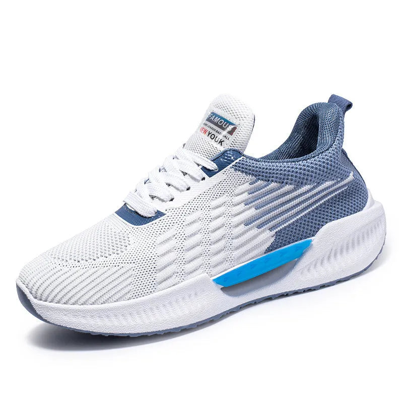 Men's blue, grey, and green breathable mesh casual shoes with cloth upper and moulded sole.