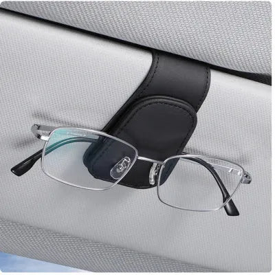 PU leather car sunglasses holder clip attached to vehicle sun visor in beige colour