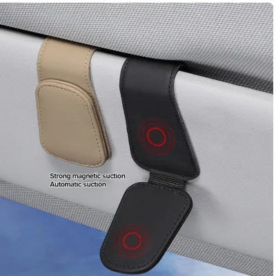 PU leather car sunglasses holder clip attached to vehicle sun visor in beige colour