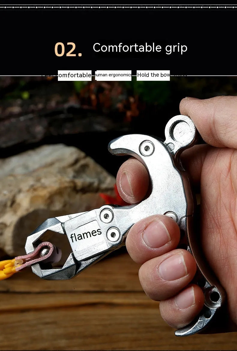 Zinc alloy archery release aid with a stainless steel trigger and adjustable wrist strap.
