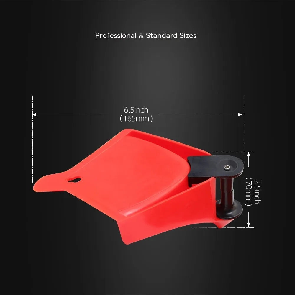 Set of four bright red triangular plastic parking wheel chocks on a grey background