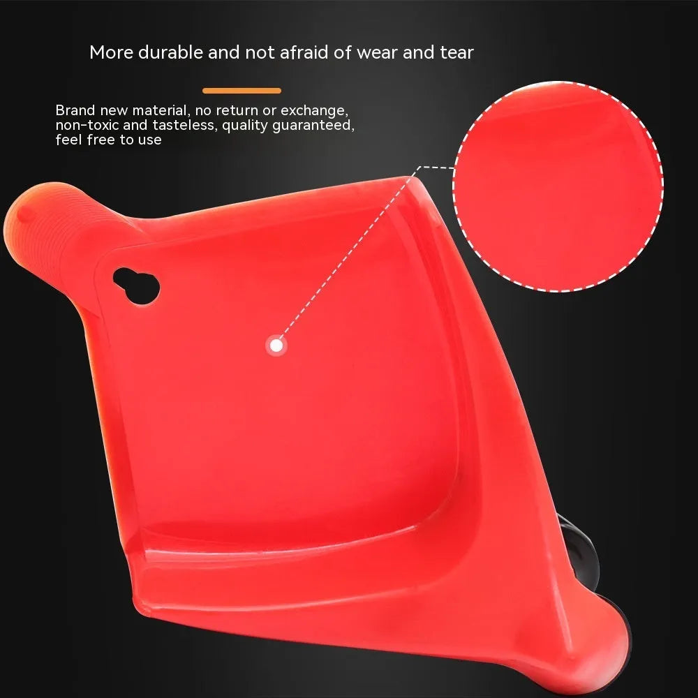 Set of four bright red triangular plastic parking wheel chocks on a grey background