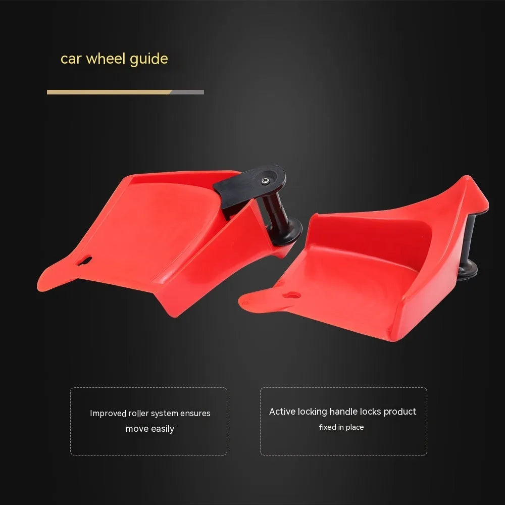 Set of four bright red triangular plastic parking wheel chocks on a grey background
