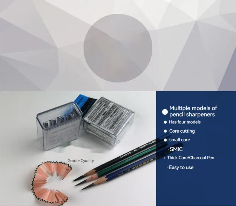 Geometric shaped four-hole plastic pencil sharpener for art sketching with built-in screwdriver tool.