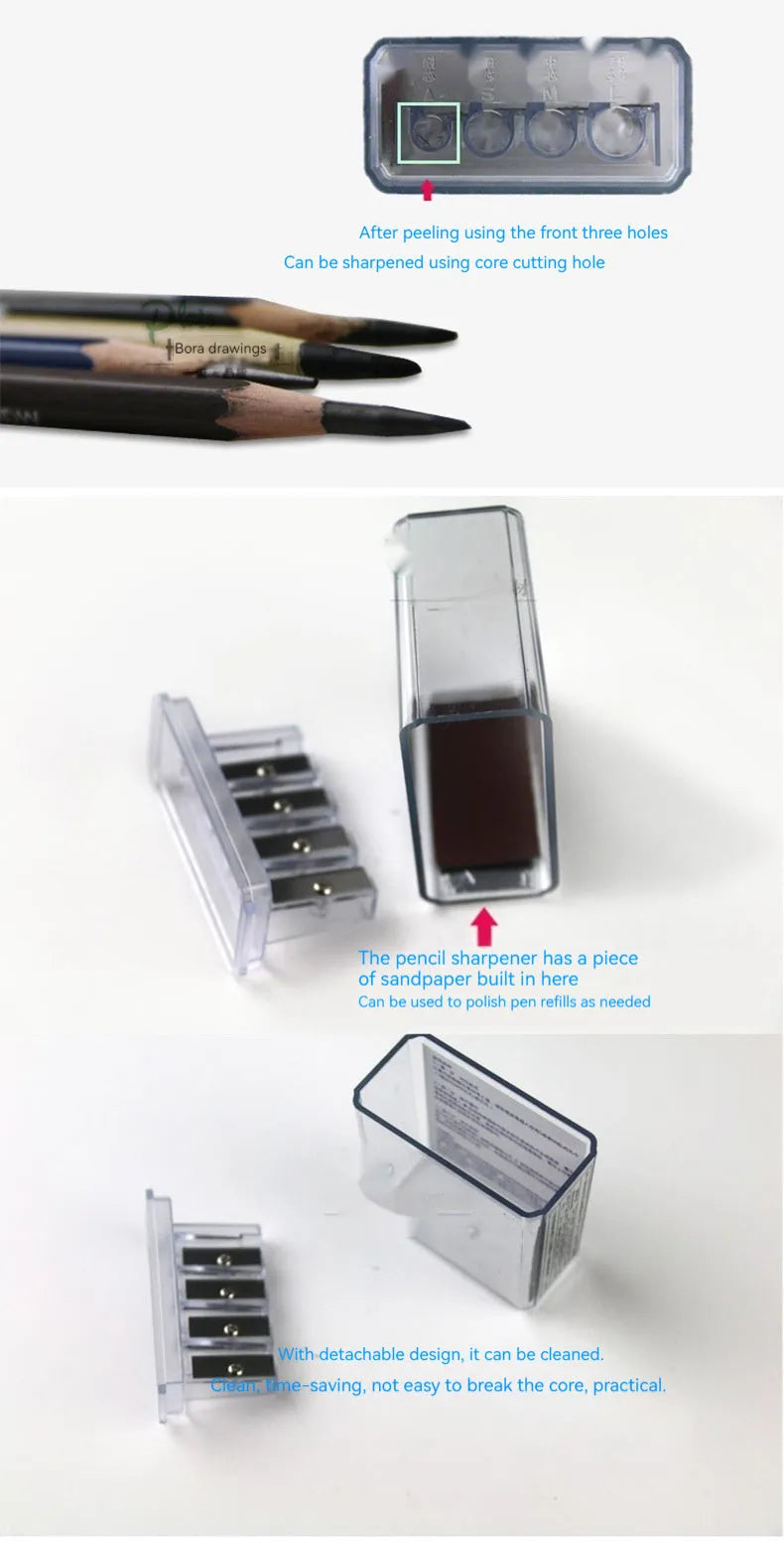 Geometric shaped four-hole plastic pencil sharpener for art sketching with built-in screwdriver tool.