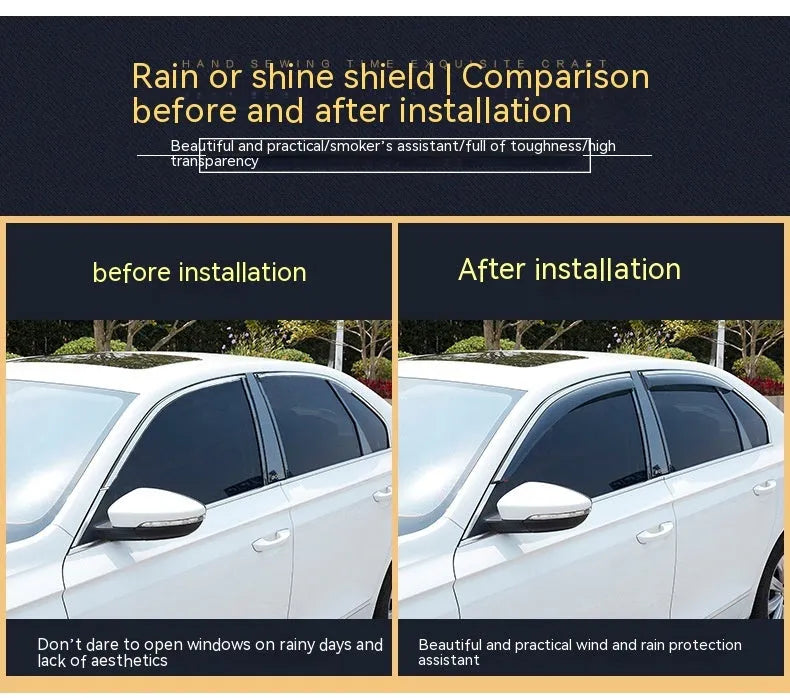 Jeep Wrangler car window rain visor kit showing four PVC pieces for 2007-2021 model installation