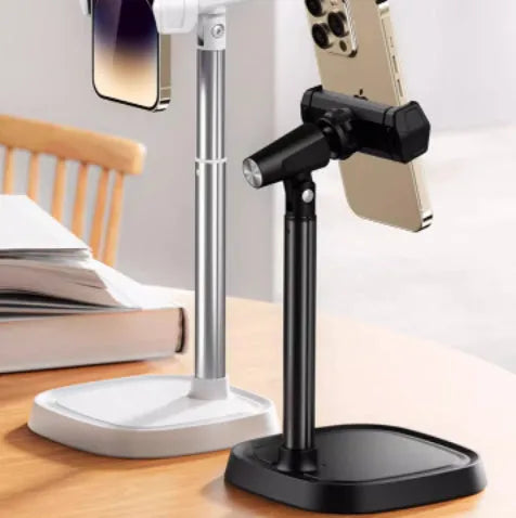 Retractable aluminium alloy phone bracket on desk with arm extended to 38cm, black colour option