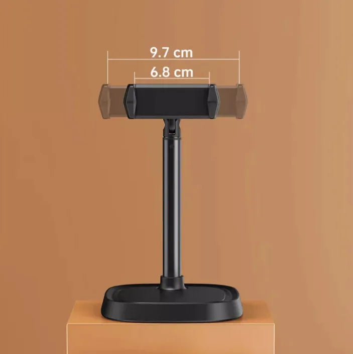 Retractable aluminium alloy phone bracket on desk with arm extended to 38cm, black colour option