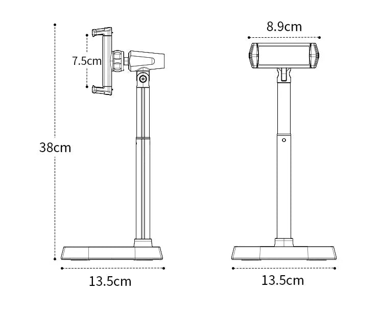 Retractable aluminium alloy phone bracket on desk with arm extended to 38cm, black colour option