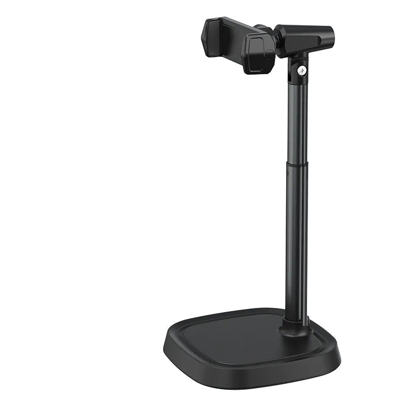 Retractable aluminium alloy phone bracket on desk with arm extended to 38cm, black colour option