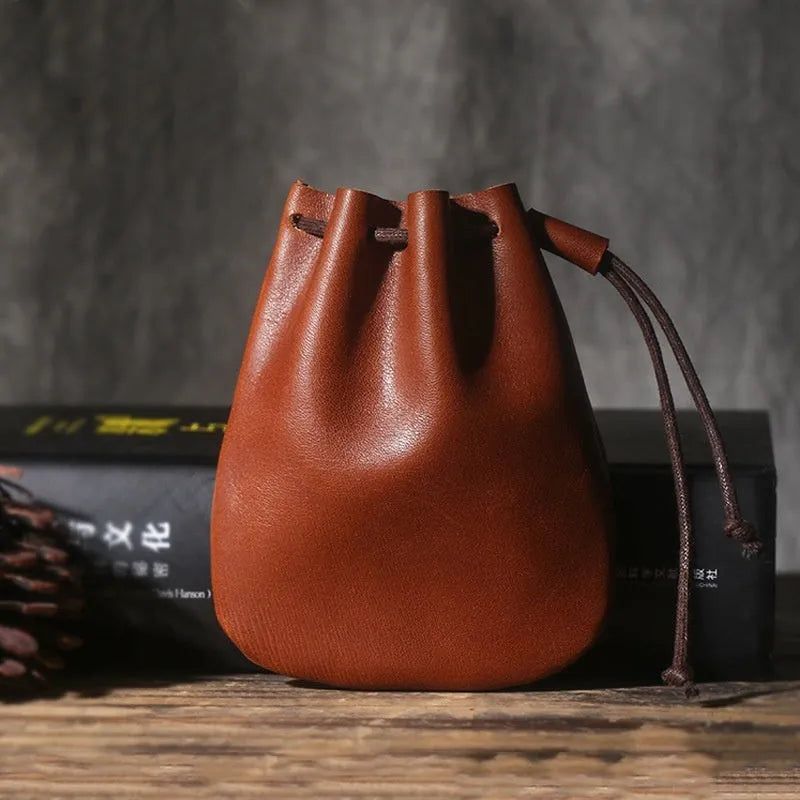 Vintage cowhide leather drawstring wallet in retro style showing two size options