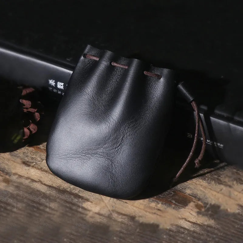 Vintage cowhide leather drawstring wallet in retro style showing two size options