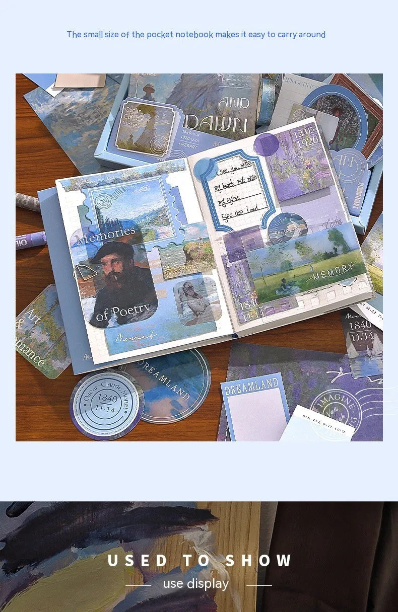 Hand Account Suit Creative Journal Gift Box open to show A6 plaid notebook, decorative papers, cards, and stickers.