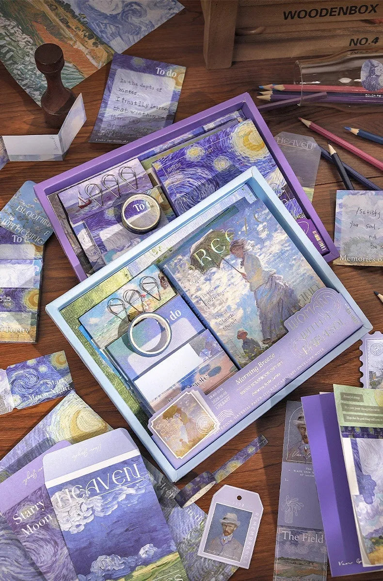 Hand Account Suit Creative Journal Gift Box open to show A6 plaid notebook, decorative papers, cards, and stickers.