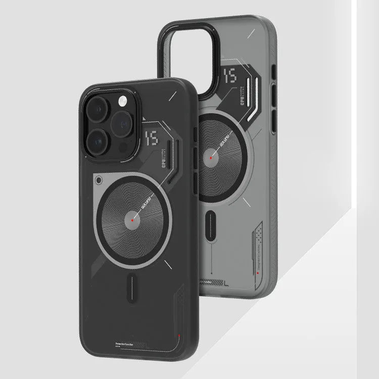 Grey magnetic TPU phone case with cooling window for iPhone 15 Pro and 15 Pro Max