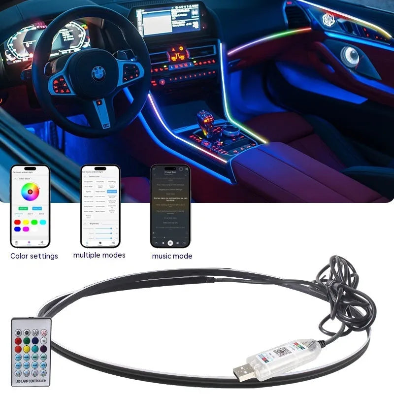 Car interior ambient LED lighting strip with remote control for colour customisation