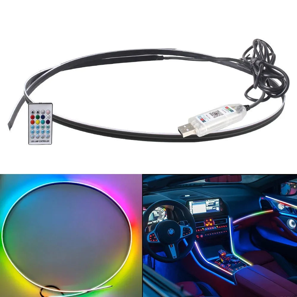 Car interior ambient LED lighting strip with remote control for colour customisation