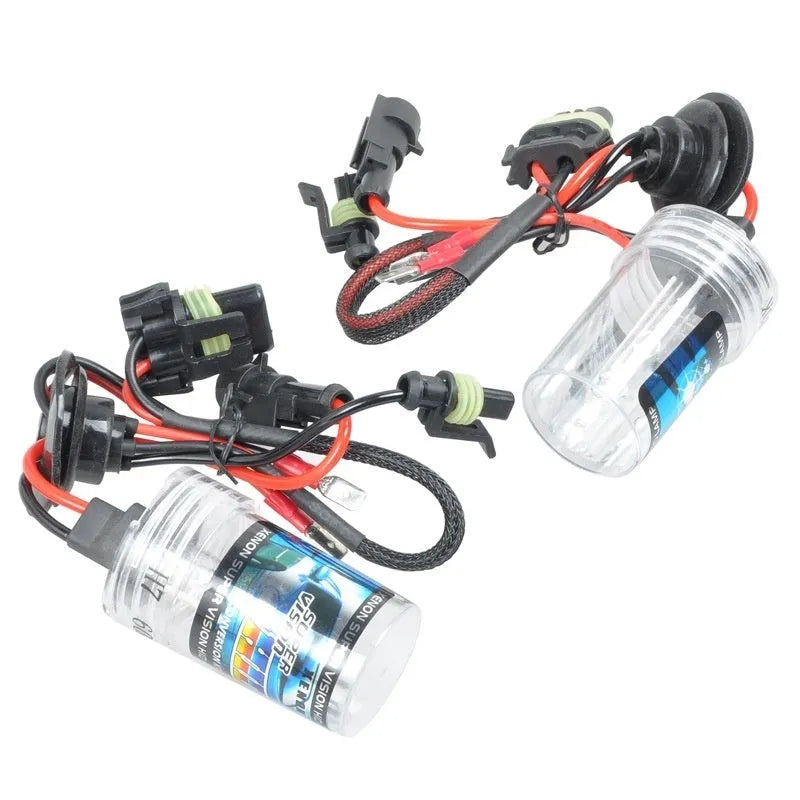 HID xenon automotive headlight bulb kit showing bulb with base types H1, H7, 9005 for 4300K, 6000K, 8000K colour temperatures.