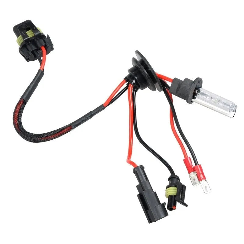 HID xenon automotive headlight bulb kit showing bulb with base types H1, H7, 9005 for 4300K, 6000K, 8000K colour temperatures.