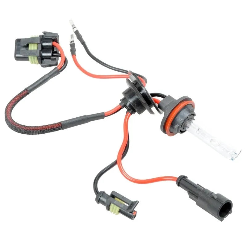 HID xenon automotive headlight bulb kit showing bulb with base types H1, H7, 9005 for 4300K, 6000K, 8000K colour temperatures.