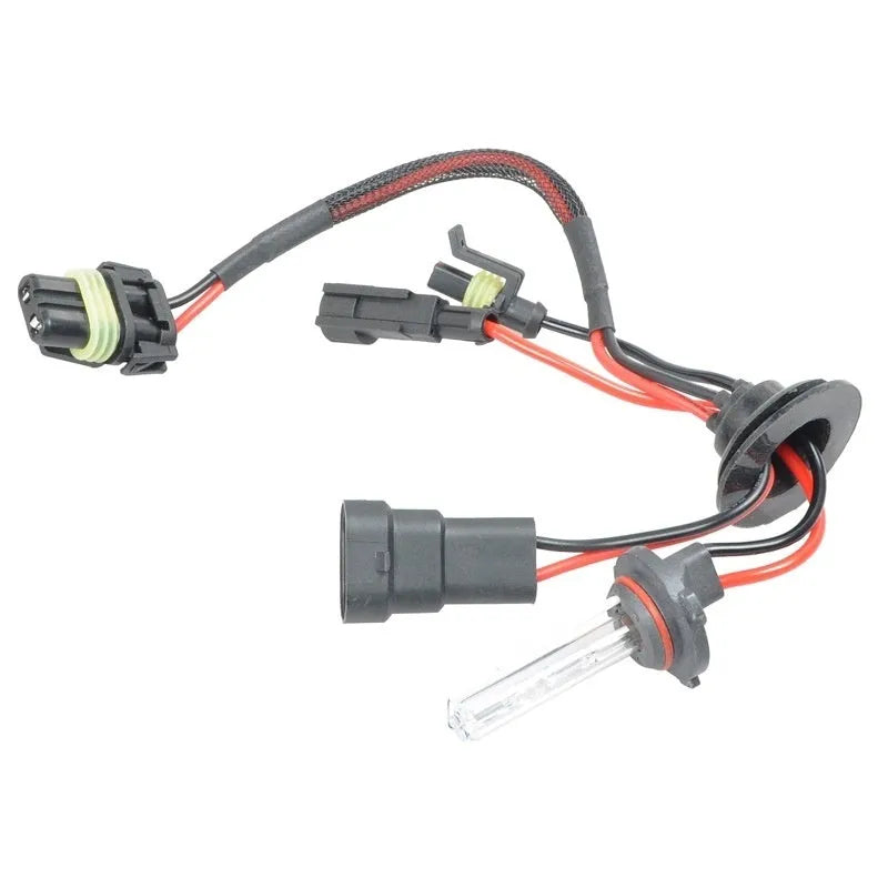 HID xenon automotive headlight bulb kit showing bulb with base types H1, H7, 9005 for 4300K, 6000K, 8000K colour temperatures.