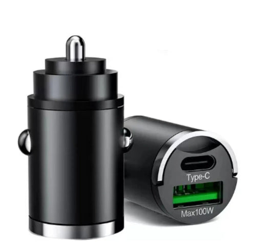 Black metal 100W car charger with a pull tab, shown plugged into a vehicle 12V socket.